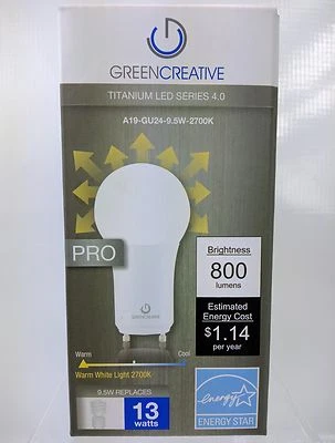 Green Creative 40735 Dimmable LED 9.5 Watt  A19-GU24-9.5W-2700K  800 Lumens  - Image 1 of 4