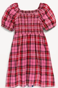 NWT Girls Old Navy Puff Sleeve Smocked Dress Size M (8) Pink Plaid - Picture 1 of 10