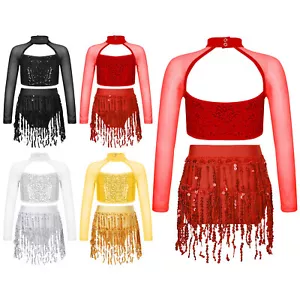 Niños Niñas Brillante Traje de Baile Latino Lentejuelas Prendas para el torso Cortas Borla Falda Flecos Salsa - Imagen 1 de 41