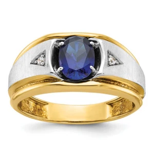 14K Solid Two Tone Gold Mens Lab Blue Sapphire Diamond Statement Ring - Picture 1 of 44