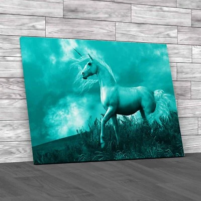 Enchanting Unicorn Stallion Amid Mist Teal Canvas Print Large Picture Wall Art - Image 1 of 4