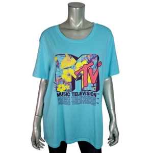 MTV Graphic Tee Plus Sz 1X Stretch Cotton Short Sleeve Casual Pullover Blue NWT - Picture 1 of 5