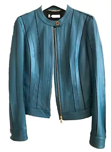 VERSACE Collection Blue Banded Leather Jacket Women Fitted IT 46/6-8 - Picture 1 of 17