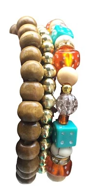 DICE 手镯 3 件套赌场 Craps 游戏幸运小饰品橙色蓝色金色弹力 — 第 1/4 张图片