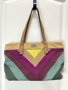 Fossil Chevron Shoulder Bag Cotton Canvas Leather Trim Multicolor 80's Boho - Picture 1 of 19