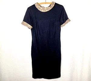 Vtg 70s Rainbow Lurex Black Dress Roll Neck S M Metal Zip Gabardine Retro Pinup - Picture 1 of 15