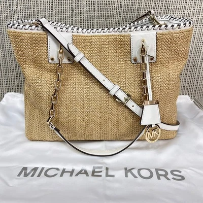 Michael Kors Tote Bag Straw White Leather Trim Chain Shoulder Bag - Image 1 of 4