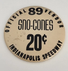 Vintage Indianapolis Indy 500 Official Sno-Cones Vendor Button Badge Pin RARE - Bild 1 von 3