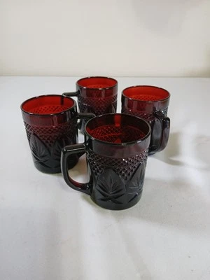 4 VINTAGE~RUBY RED CUT GLASS MUGS Luminarc Cristal D Arques-Durand - Image 1 of 4