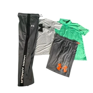 Under Armour Boys YLG Lot 4 Athletic HeatGear Polo T-Shirt Shorts Pants Gray - Picture 1 of 16