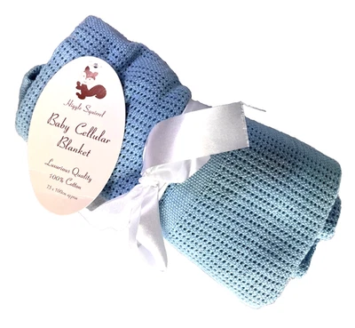 Blanket Baby Cellular Blue 100% Cotton 75x100cm Breathable Pram Cot Moses Basket - Image 1 of 4