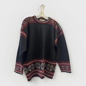 Vintage Dale Of Norway Men’s L Nordic Fair Isle 100%wool Sweater Black Red - Picture 1 of 13