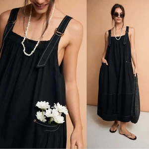 Free People Oversized Chambray Denim Machu Barrel Midikleid Schwarz Größe Large - Bild 1 von 14