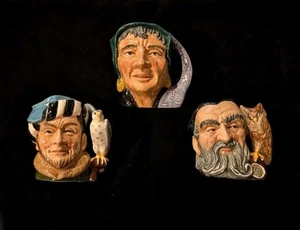 3 1958 Royal Doulton Toby Mugs The Fortune Teller, The Falconer, & Merlin - Picture 1 of 12