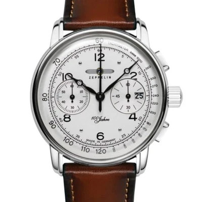 Reloj Zeppelin esfera blanca para hombre 100 años 8676-1 cronógrafo correa de cuero Foto 1 de 4