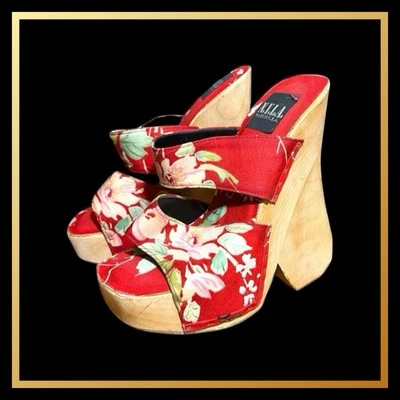 RARE 90s N.Y.L.A. Chunky Wood & Red Cherry Blossoms Platform Shoes SZ 8 VINTAGE - Image 1 of 4