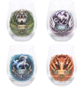Set of 4 Elemental Stemless Wine Glasses by Anne Stokes, Earth, Air, Water, Fire - Picture 1 of 5