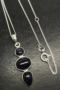 Blue goldstone pendant Solid Sterling Silver pear, round, Adjustable chain. Box - Picture 1 of 9