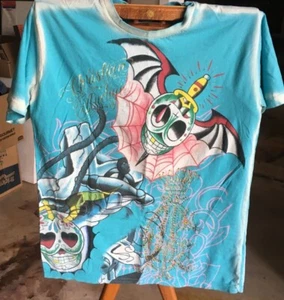 Christian Audigier Blue S T-Shirt "EST 1958 Los Angeles" Logo in Gold on back - Picture 1 of 11