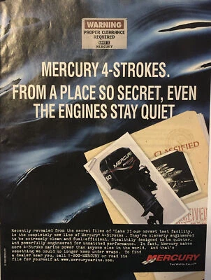 Mercury 1998 motor fueraborda barco anuncio impreso motor silencioso de 4 tiempos de colección años 90 Foto 1 de 4