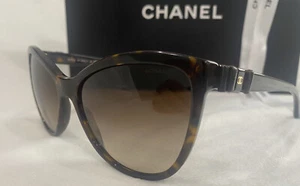 CHANEL Sunglasses AUTHENTIC 5281Q Havana Cat Eye Leather Bow CC Ribbon Collector - Picture 1 of 10