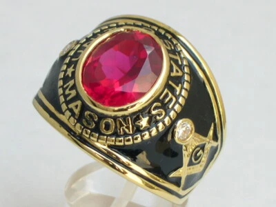 12X10 mm United States July Ruby Color Stone Mason Masonic Men Ring Size 7-15 - Image 1 of 4