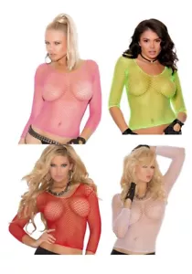 Fishnet Top Red White Pink or Green Long Sleeve Festival Elegant Moments Rave - Picture 1 of 18