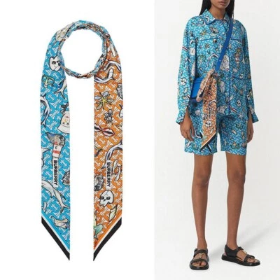 BURBERRY blue & orange ocean & sailor print reversible skinny twill silk scarf - Image 1 of 4