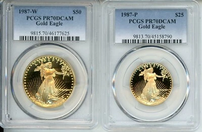 1987 2-COINS SET GOLD EAGLE 1987-W $50 & 1987-P $25 PCGS PR70 PROOF PF70 PF-70 - Image 1 of 2