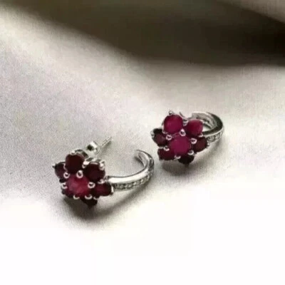 Women's Huggie Hoop Earring 14K White Gold Plated Created Red Ruby 2Ct Round Cut - Image 1 of 4