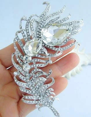 Pingente broche de penas de pavão cristal austríaco transparente noiva casamento 05038C1 - Imagem 1 de 4