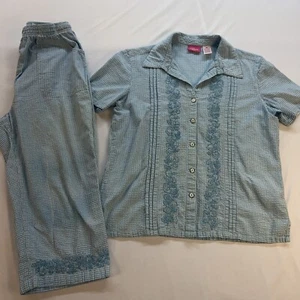 Cappagallo Women's Short Sleeve Botton Down Blue Checked Capris/Shirt Size P Sm - Picture 1 of 24