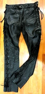 VINTAGE MENS' EASYRIDERS BLACK LEATHER BIKER PANTS*36*Lace-Up Sides*NWOT - Picture 1 of 8
