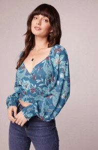 Band of the Free Boho Sybille Teal Floral Wrap Crossover Crop Top Women Sz M NWT - Picture 1 of 9