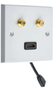 Cinch x 2 Audio AV Lautsprecher Wandplatte + 1 HDMI Fly. 2 goldene Cinch Pfosten ungelötet - Bild 1 von 5