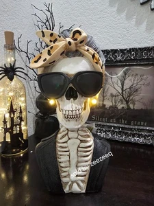 Halloween Skeleton Bust With Leopard Print Headband Wearing Sunglasses Figurine - Picture 1 of 10