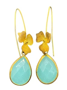 Turkey faceted teardrop blue green stone gold tone dangle flower earrings - Picture 1 of 14