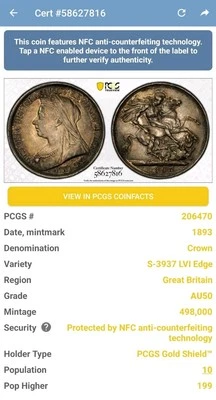 1893 Great Britain Crown PCGS AU50 #4456 - Image 1 of 3