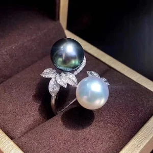 Precioso anillo 9-10mm mar sur redondo blanco negro verde perla 925s - Imagen 1 de 3
