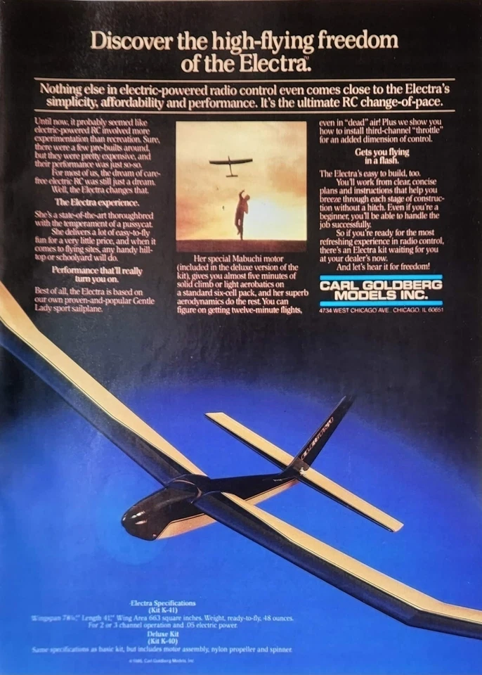 Carl Goldberg Electra RC Sailplane Print Ad Wall Art Decor Ephemeral - Image 1 of 1