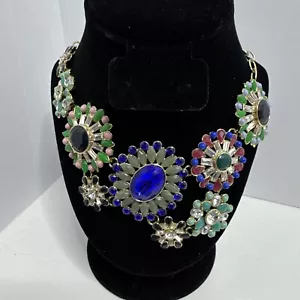 J.Crew Rare Runway Statement Necklace Heavy Claw Closure Pink Blue Green Gold - Picture 1 of 9