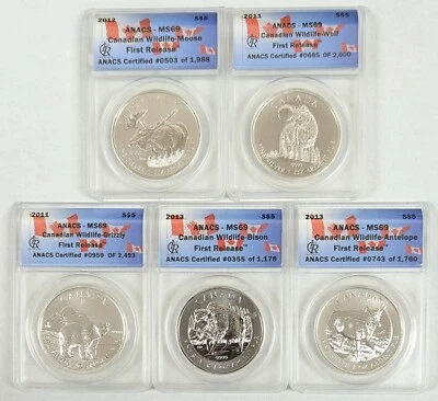 2011 to 2013 Canada $5 Silver ANACS MS69 Wildlife Series First Release Set of 5 - Image 1 of 4