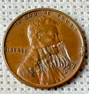 Selten! Die Error 1957 D Lincoln Wheat Penny /Cent BIE Skull Crack Variety Penny - Bild 1 von 4