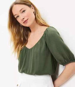 Loft Women's Size XS Sweetheart Neck Blouse Olive Green Puff Sleeves - Picture 1 of 6