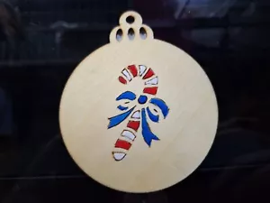 ๐๐ Handmade ,Wood Christmas Ornament Featuring A Candy Cane W/ Blue Bow ๐๐ - Picture 1 of 2