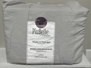 Piu Belle PREMIERE Washed LINEN Blend Queen Size 4~pc Sheet Set LIGHT GRAY NEW - Picture 1 of 4