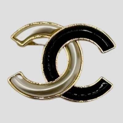 Vintage Chanel Brooch - Goldtone with White and Black Enamel - Made in Italy - Image 1 of 4