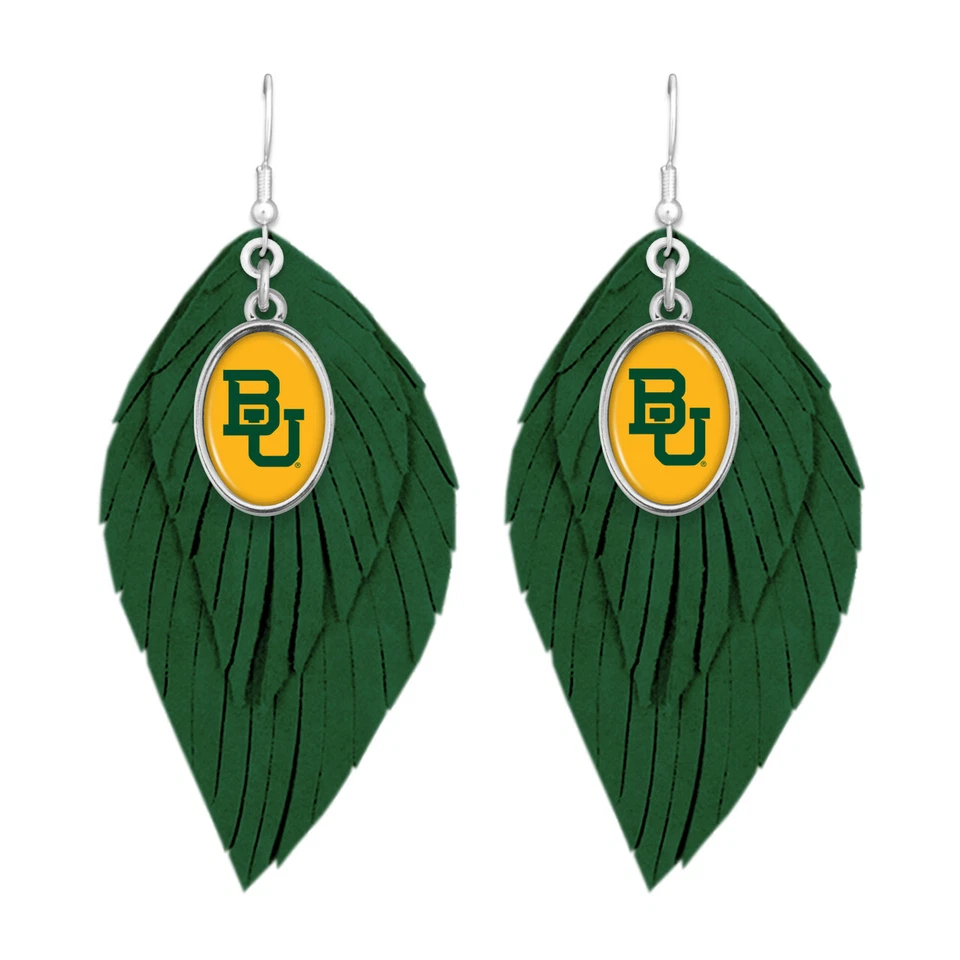 43373 Baylor Bears Boho Earrings with Green Suede Leather - Image 1 of 1
