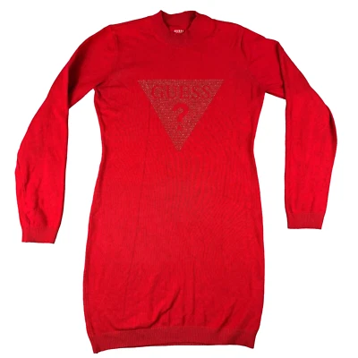Vestido Guess Mujer Grande Rojo Suéter Cuello Alto Manga Larga Dorado Tachonado Bodycon Foto 1 de 4