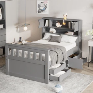 Twin Size Captain Platform Bed with Storage Bookcases Headboard & 4 Drawers,Gray - Picture 1 of 14